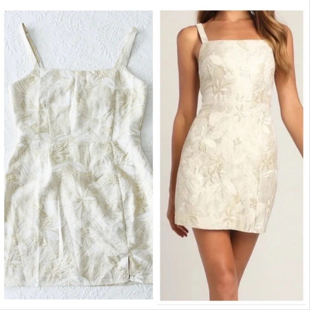 Lulus | Dresses | Nwot Lulus Shine For Us Cream Metallic Tropical Jacquard Mini Dress Large